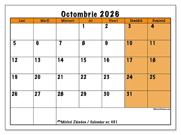 Calendar octombrie 2026 de tipărit - Planificare dinamică
