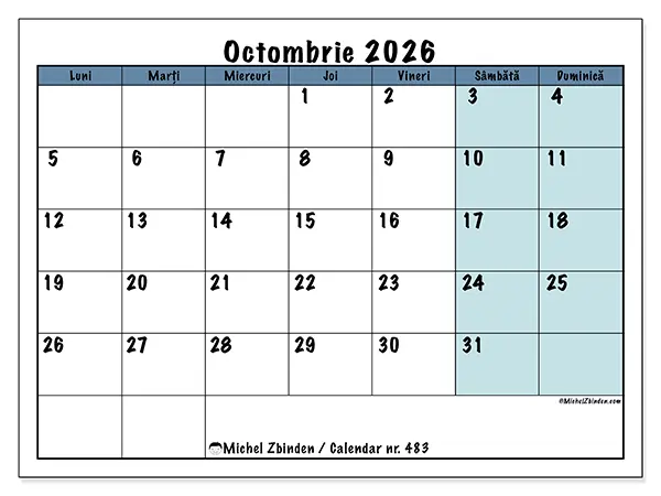 Calendar octombrie 2026 de tipărit - Structură pentru școală