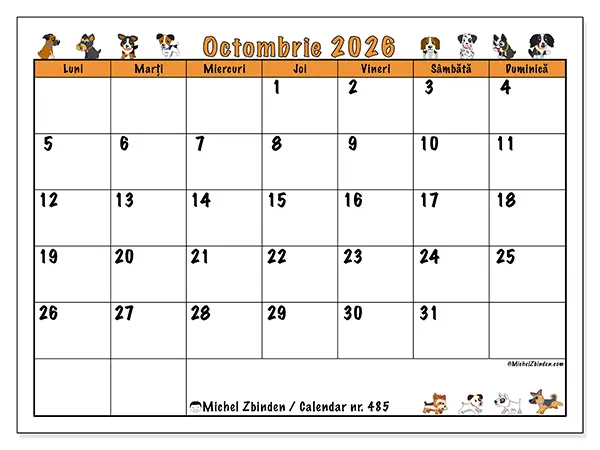 Calendar octombrie 2026 de tipărit - Câini entuziaști