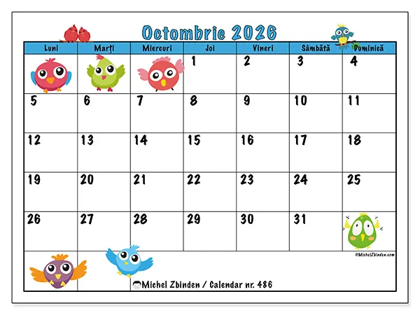 Calendar octombrie 2026 de tipărit - Păsări amuzante