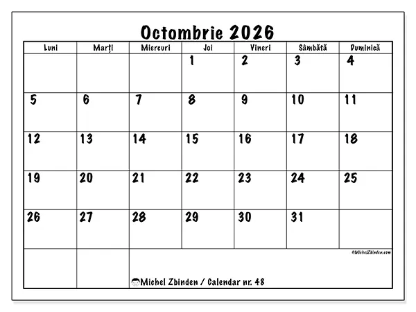 Calendar octombrie 2026 de tipărit - Planuri zilnice