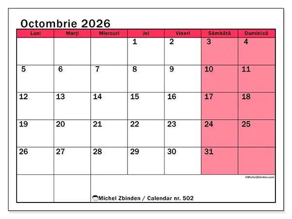 Calendar octombrie 2026 de tipărit - Gestionare luminoasă