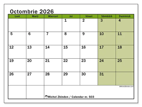 Calendar octombrie 2026 de tipărit - Culori naturale