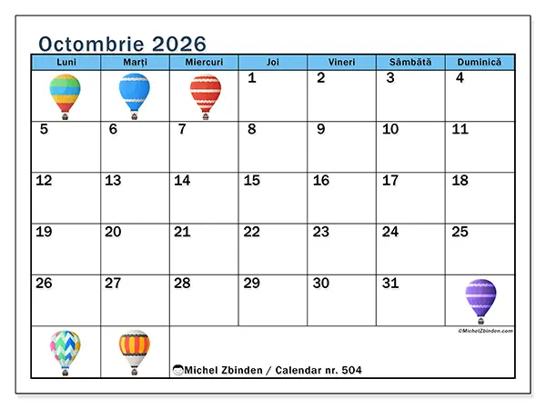 Calendar octombrie 2026 de tipărit - Baloane cu aer cald