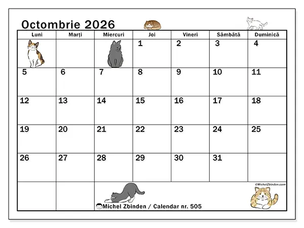 Calendar octombrie 2026 de tipărit - Viață de pisică