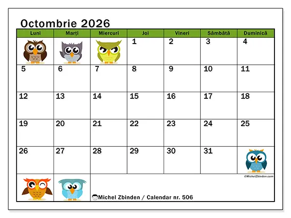 Calendar octombrie 2026 de tipărit - Bufnițe amuzante