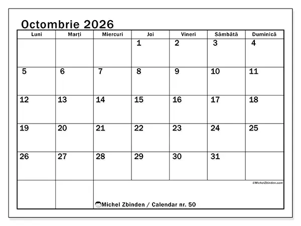 Calendar octombrie 2026 de tipărit - Lună clară