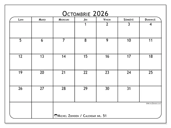 Calendar octombrie 2026 de tipărit - Planificator de mese