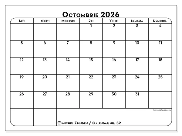 Calendar octombrie 2026 de tipărit - Plan de lucru