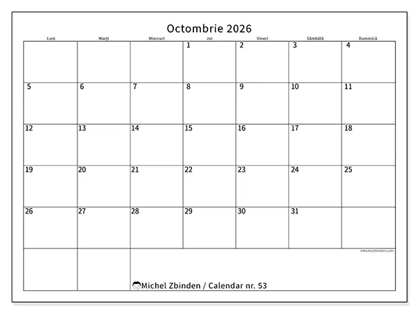 Calendar octombrie 2026 de tipărit - Program clar