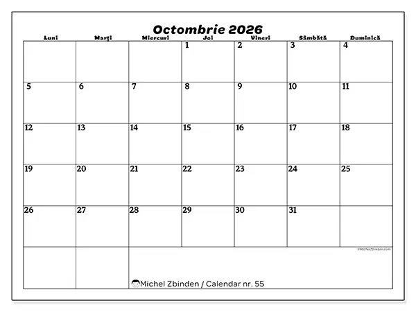 Calendar octombrie 2026 de tipărit - Timp liber