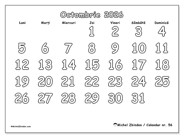 Calendar octombrie 2026 de tipărit - Colorat util