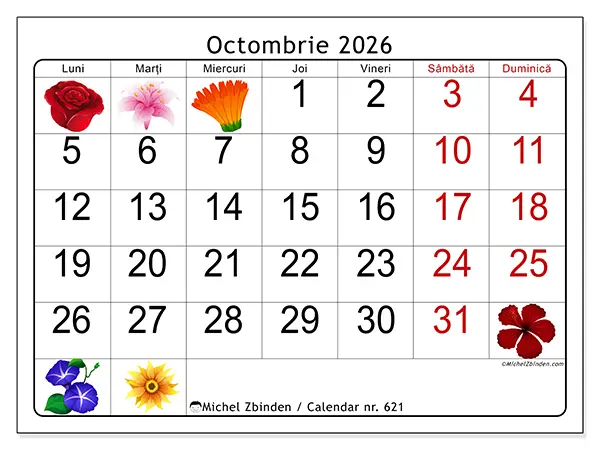 Calendar octombrie 2026 de tipărit - Flori mari