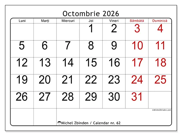 Calendar octombrie 2026 de tipărit - Vedere rapidă