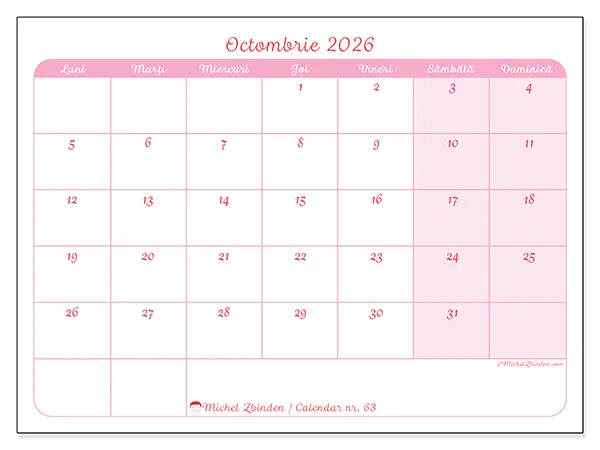 Calendar octombrie 2026 de tipărit - Aspect calm