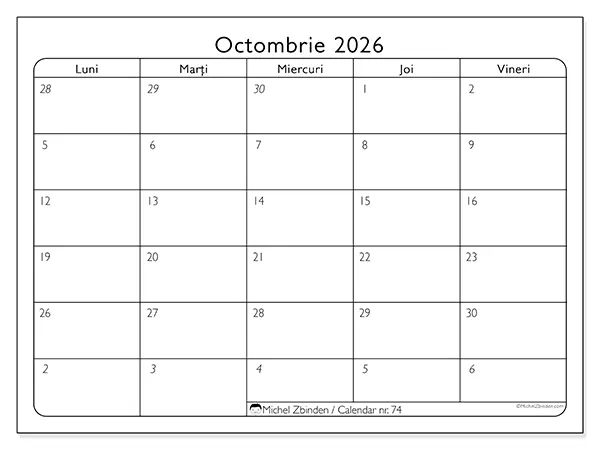 Calendar octombrie 2026 de tipărit - Zile lucrătoare