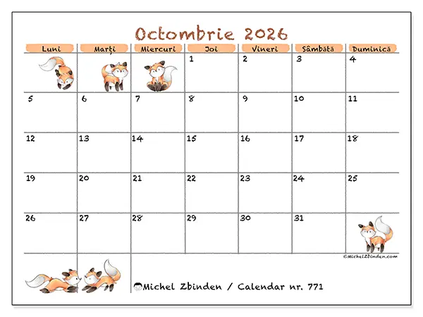 Calendar octombrie 2026 de tipărit - Desene cu vulpi