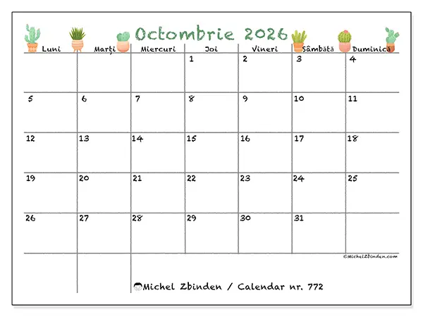 Calendar octombrie 2026 de tipărit - Cactuși decorativi