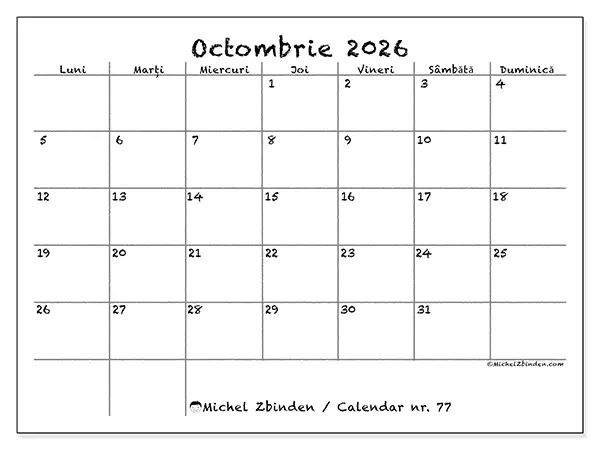 Calendar octombrie 2026 de tipărit - Școală și familie