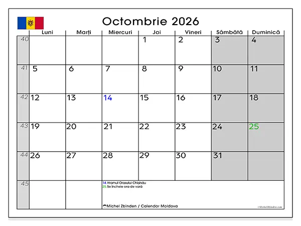 Calendar octombrie 2026 de tipărit - Moldova