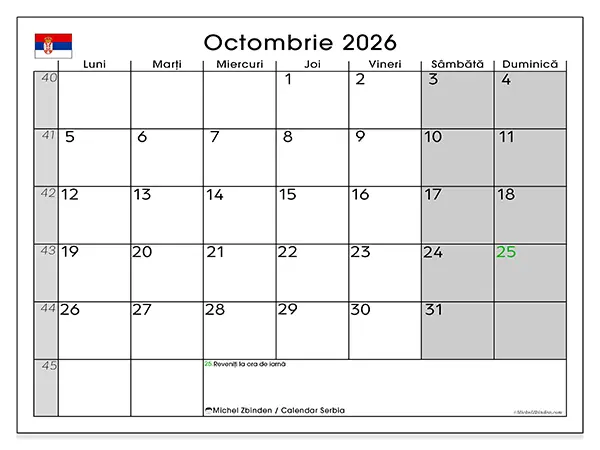 Calendar octombrie 2026 de tipărit - Serbia
