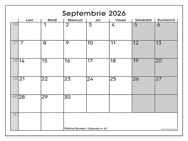 Calendar septembrie 2026 de tipărit - Vedere clară