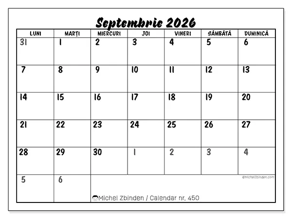 Calendar septembrie 2026 de tipărit - Model detaliat