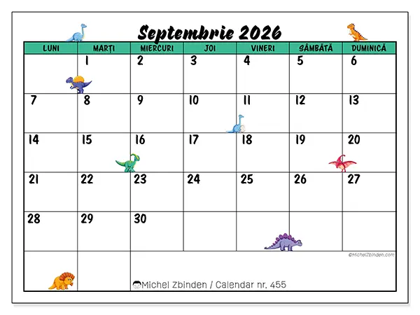 Calendar septembrie 2026 de tipărit - Dinozauri mici