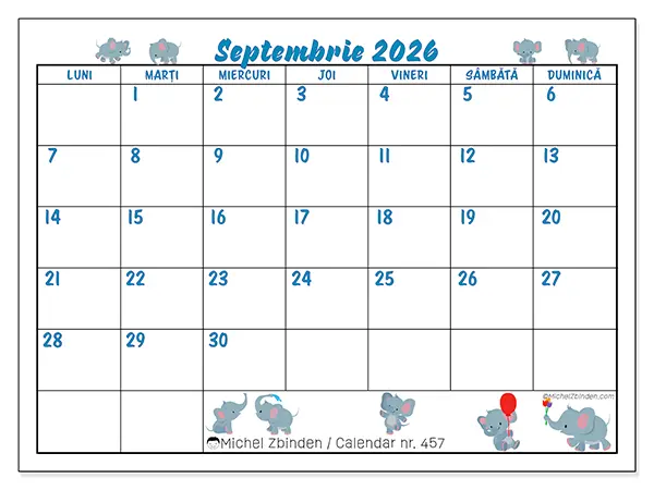 Calendar septembrie 2026 de tipărit - Elefanți mici