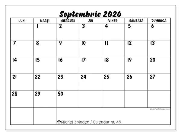 Calendar septembrie 2026 de tipărit - Succes școlar