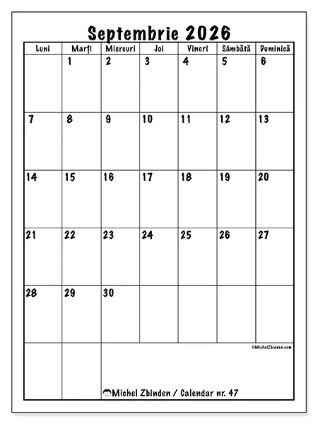 Calendar septembrie 2026 de tipărit - Planificare clară