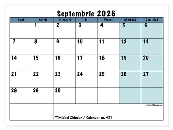 Calendar septembrie 2026 de tipărit - Structură pentru școală