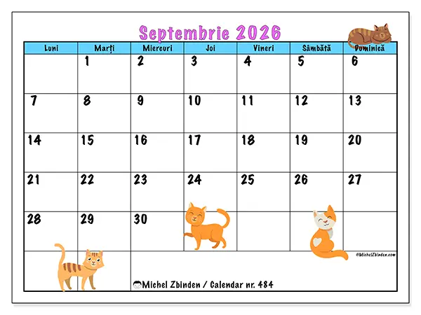 Calendar septembrie 2026 de tipărit - Dragoste pentru pisici