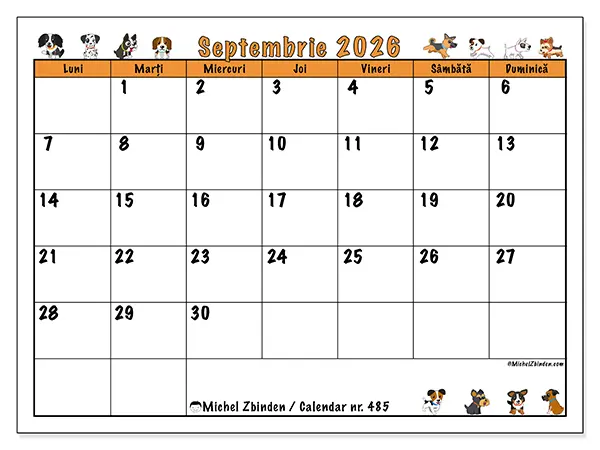 Calendar septembrie 2026 de tipărit - Câini entuziaști