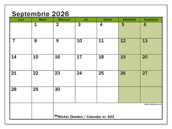 Calendar septembrie 2026 de tipărit - Culori naturale