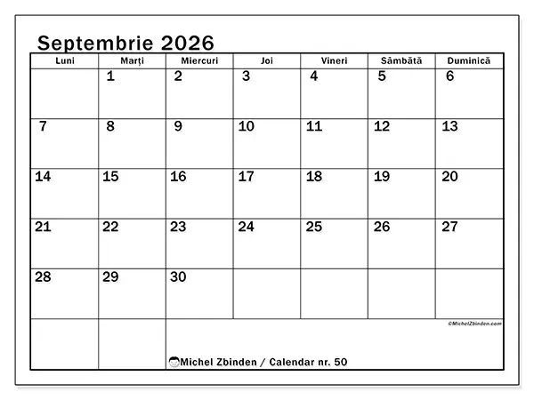 Calendar septembrie 2026 de tipărit - Lună clară
