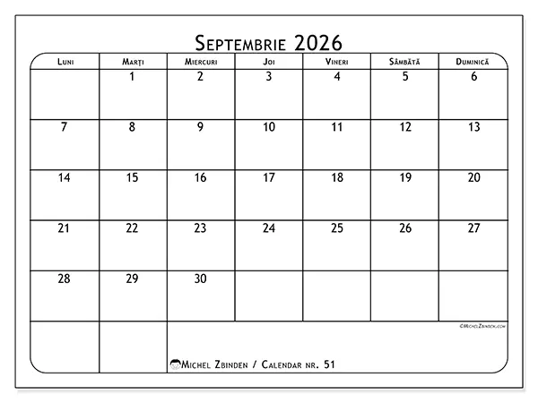 Calendar septembrie 2026 de tipărit - Planificator de mese