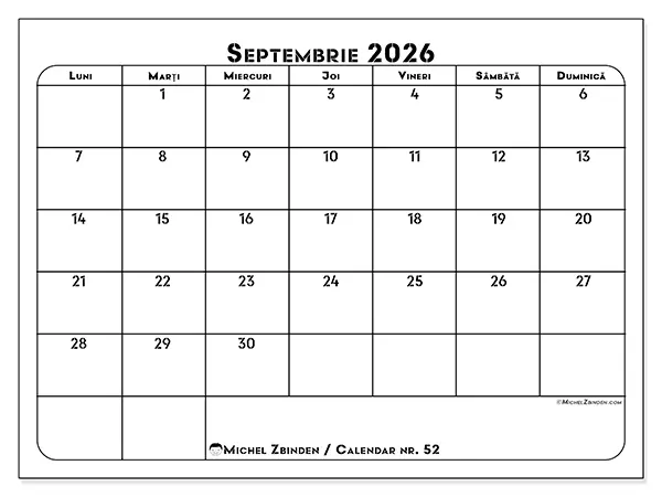 Calendar septembrie 2026 de tipărit - Plan de lucru