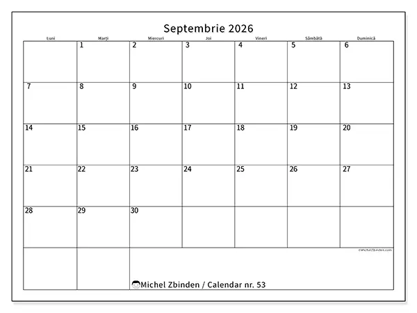 Calendar septembrie 2026 de tipărit - Program clar