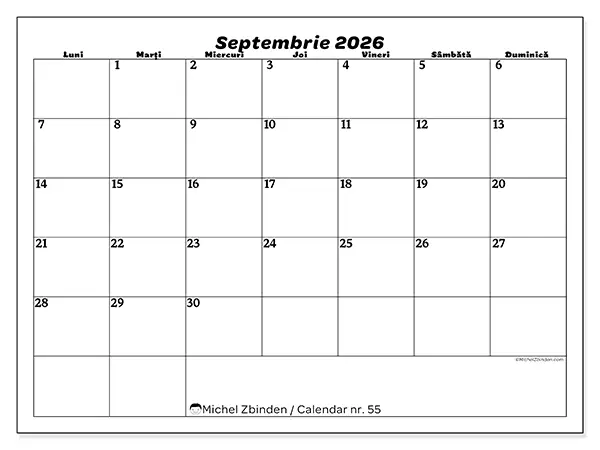 Calendar septembrie 2026 de tipărit - Timp liber
