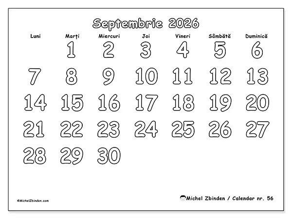 Calendar septembrie 2026 de tipărit - Colorat util