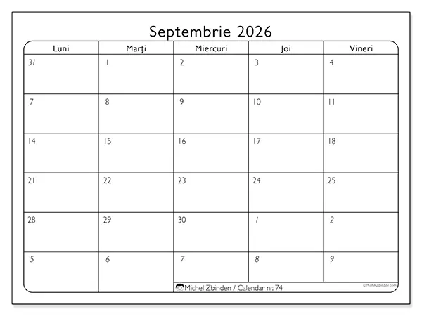 Calendar septembrie 2026 de tipărit - Zile lucrătoare