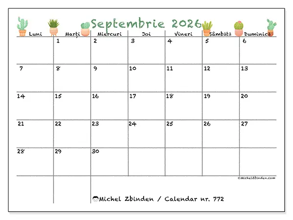 Calendar septembrie 2026 de tipărit - Cactuși decorativi