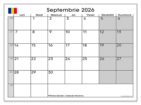 Calendar septembrie 2026 de tipărit - România