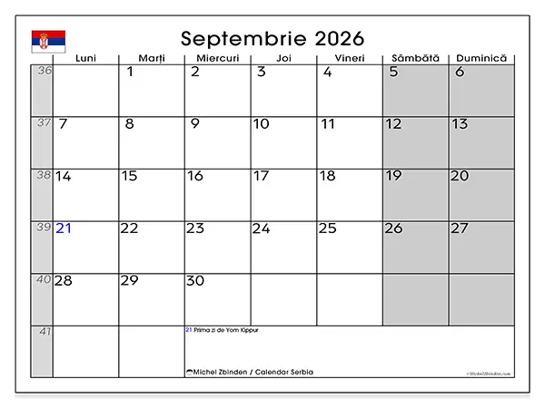 Calendar septembrie 2026 de tipărit - Serbia
