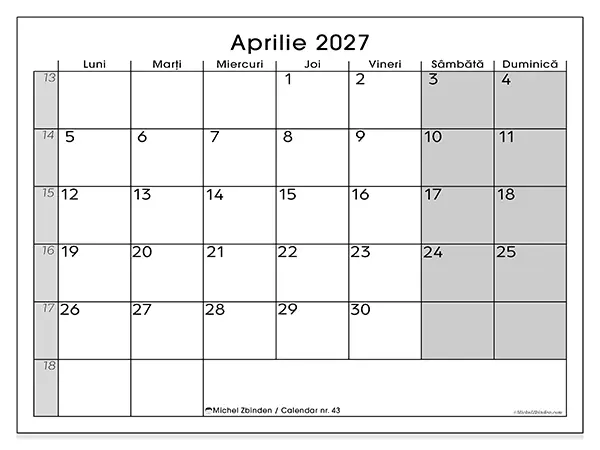Calendar aprilie 2027 de tipărit - Vedere clară