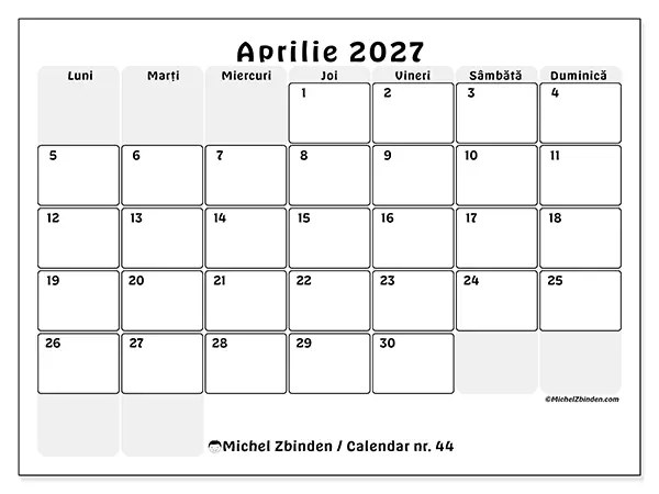 Calendar aprilie 2027 de tipărit - Planificare structurată