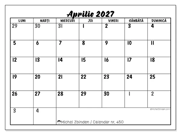 Calendar aprilie 2027 de tipărit - Model detaliat