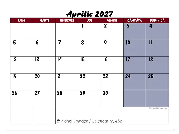 Calendar aprilie 2027 de tipărit - Sarcini în culori