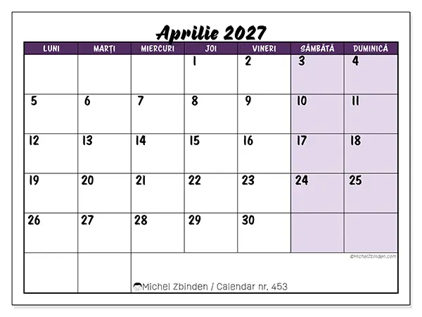 Calendar aprilie 2027 de tipărit - Sarcini colorate